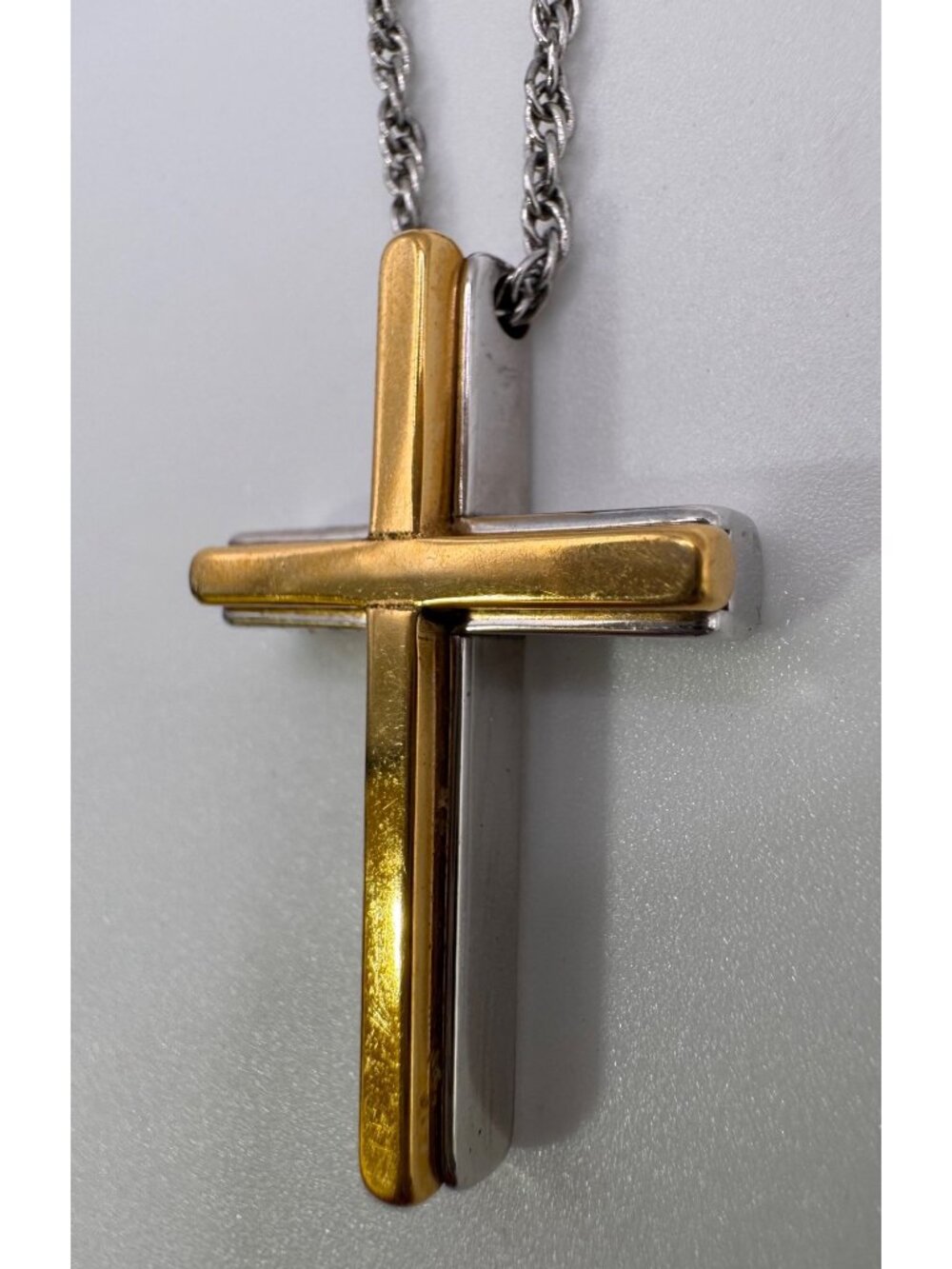 Vintage Trifari Cross Necklace Gold Silver Tone 15in Chain Classic Pendant - Picture 5 of 11